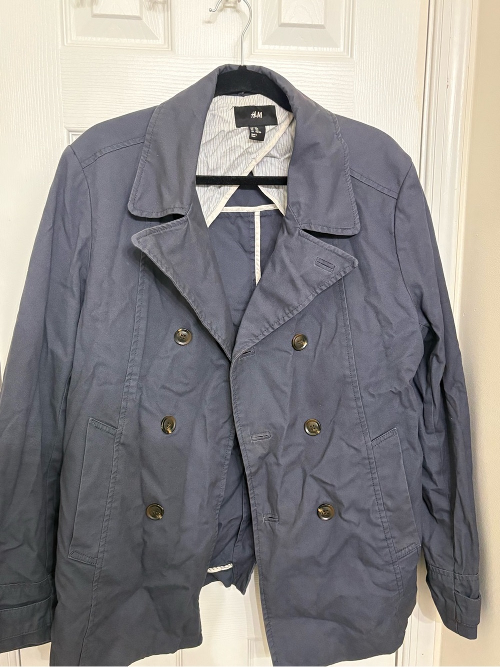 H&M Men’s Navy Blue Double Breasted Trench Peacoat Jacket Size 40R EUR 50